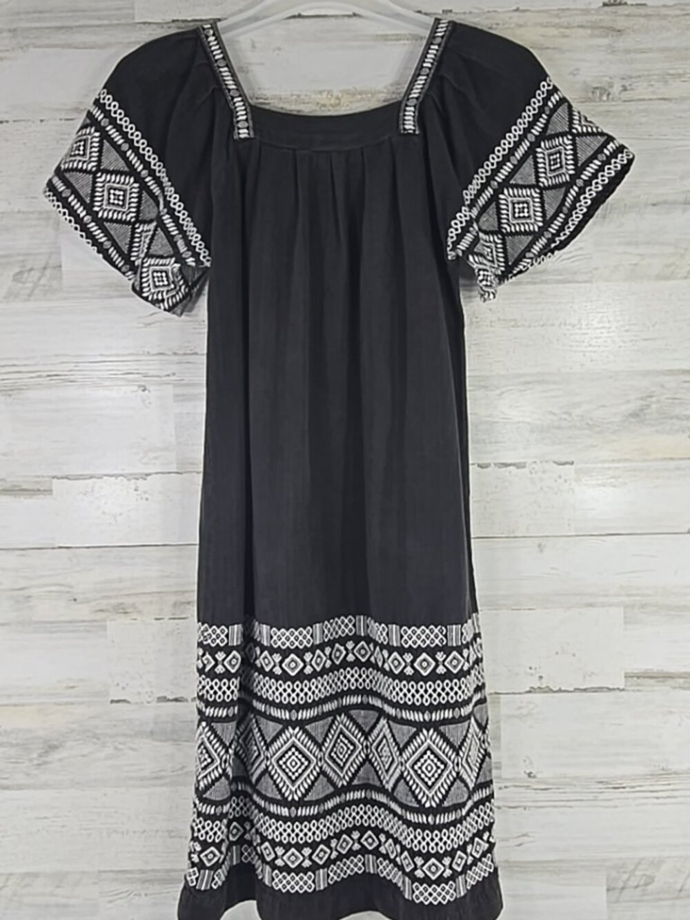 MAYA Guatemala Embroidered Black Cotton Dress Tunic SMALL Boho Folk Huipil Style - Picture 2 of 16